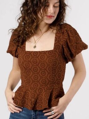 NWT BAND OF THE FREE band palmer eyelet lace square neck peplem top S